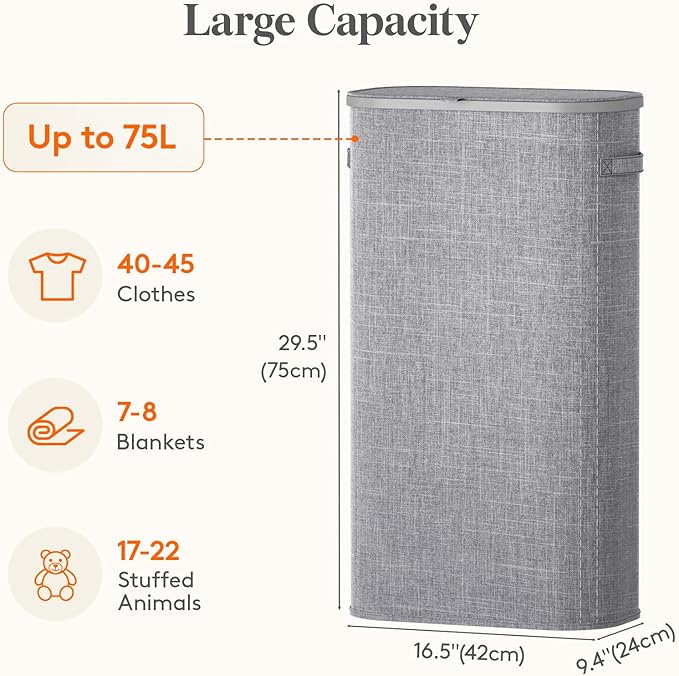 Lifewit 75L Slim Laundry Basket with Lid, Narrow Large Laundry Hamper with Plastic Handles and Removable Bag, Tall Foldable Dirty Clothes Hampers for Laundry Room, Bedroom, Bathroom, Dorm, Gray