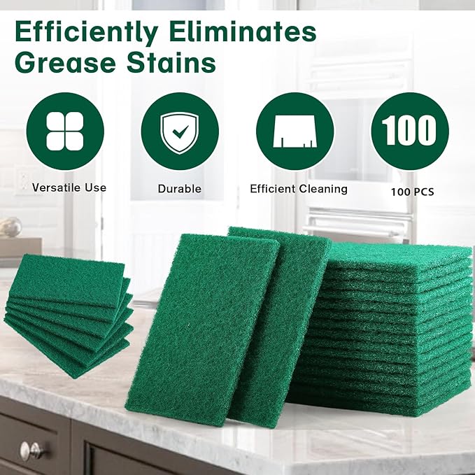 100 Pcs Scouring Pads,Heavy Duty Scour Pads,Dish Scrubber Scouring Pads,Non Scratch Scrubber Pads,Reusable Green Household Scrub Pads for Dishes Kitchen Scrubbers & Metal Grills,3x4in