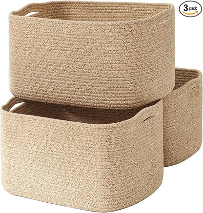 Large Storage Baskets for Organizing Shelves, Woven Cotton Rope Bins for Baby Nursery Organization, Book Toy Towel Organizer, 17"x13"x9.5", 3 Packs, Brown