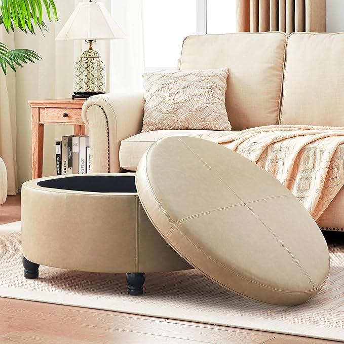 30-Inch Round Storage Ottoman, Modern Ottoman Coffee Table with Removable Top for Living Room, Bedroom, Office (Khaki)