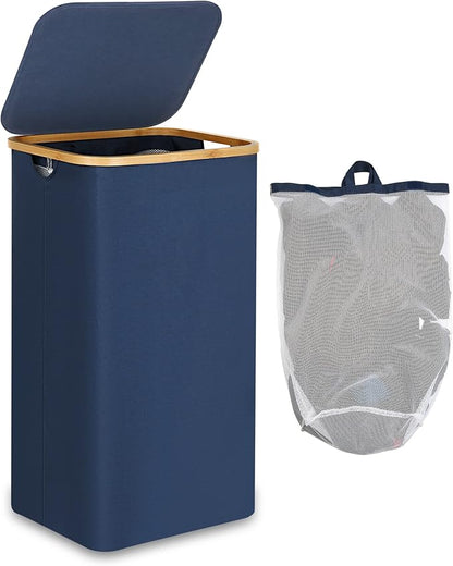 efluky Laundry Basket with Lid and Removable Bag, 100L Tall Laundry Hamper with Bamboo Handles, Aesthetic Dirty Clothes Bin for Laundry Room, Bathroom, Bedroom and Dorm, Blue