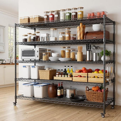 AIRAJ 60” W Storage Shelves Heavy Duty | 5 Tier Wire Shelving | 3500 LBS Metal Shelving | Garage Shelving Units and Storage | Rolling Wire Rack with Wheels | Adjustable Layer Height | 60”W×24”D×72” H