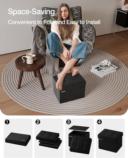 Folding Storage Ottoman, Velvet Storage Bench, Footrest, Foot Stool, for Living Room, Bedroom and Office,12.2 x 16.1 x 12.2 Inches, 200 kg Load Capacity, Ink Black,UASND03B