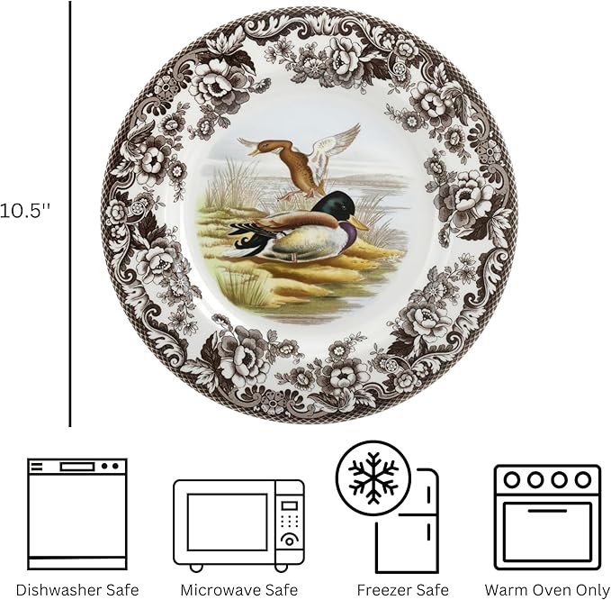 Spode Woodland Mallard Wildlife 10.5" Dinner Plate - Fine Earthenware, Dishwasher & Microwave Safe, Warm Oven to 225°F, Rustic Holiday Dining & Collectible Serving Plate - Made in England