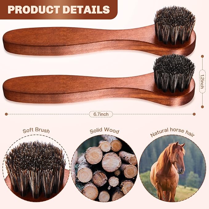 2 Pcs Horsehair Shine Shoes Brush Kit Polish Dauber Applicators Cleaning Leather Shoes Boots Care Brushes Suede Cleaner Brush(Brown Long Handle)
