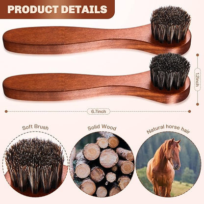 2 Pcs Horsehair Shine Shoes Brush Kit Polish Dauber Applicators Cleaning Leather Shoes Boots Care Brushes Suede Cleaner Brush(Brown Long Handle)