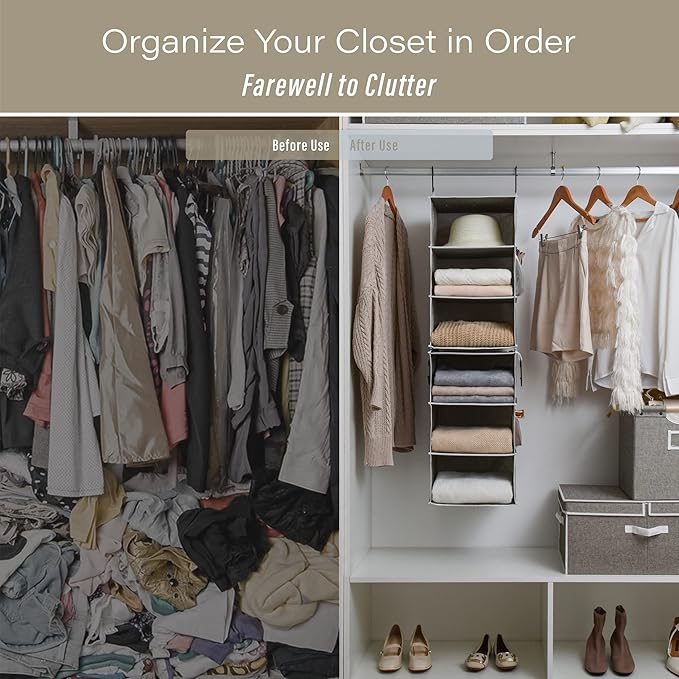 StorageWorks 6-Shelf Closet Organizers, Two 3-Shelf Separable Hanging Shelves for Closet, 12" D x 12" W x 48 ¼"H， Canvas, Gray
