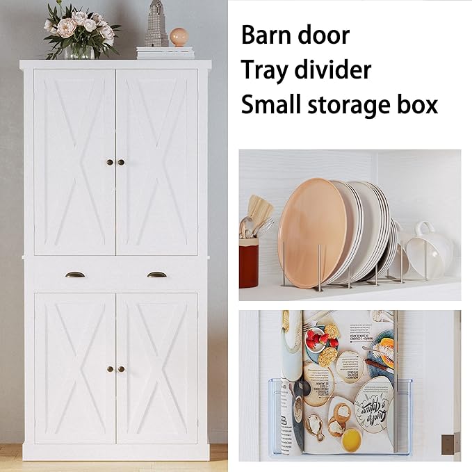 IRONCK Kitchen Pantry Storage Cabinet 72.6" H, with Barn Doors, Drawer, 4 Adjustable Shelves, Freestanding Cupboard, Laundry, White