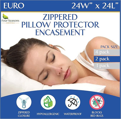 Euro Size Pillow Protectors (Set of 2) - European Square 24x24 Pillow Covers Waterproof Hypoallergenic Dust Proof Zippered Encasement