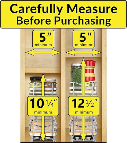 LYNK PROFESSIONAL® Élite™ Pull Out Spice Rack Organizer for Inside Kitchen Cabinets - 4-1/4 inch Wide - Slide Out Drawer – Wood/Chrome Sliding Spice Cabinet Organization Shelf Racks - 2 Tier