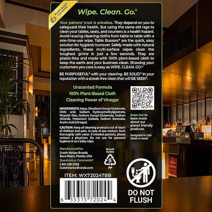 Wipex Table Bussers - Natural Cleaning Vinegar Counter and Table Wipes, 400 Ct Unscented Disposable Plant-Based Cloth for Tables, Counters, Surfaces for Restaurant, Cafes and Home Use, Pack of 4
