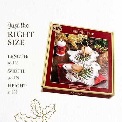 Spode Christmas Tree 2-Tiered Server, Tree-Shaped - Holiday Cupcake Stand, Dessert Display Set, Porcelain Serving Platter, 10" & 8" Plates, Dishwasher Safe Serveware for Appetizers, Desserts, Cookies