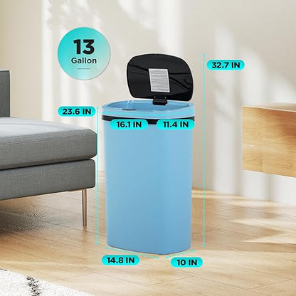 Automatic Motion Sensor Bathroom Trash Can with Lid, 13 Gallon Touchless Trash Bin, Smart Dog Proof Garbage Can, Touch Free Waste Basket for Toilet, Office, Bedroom,Blue