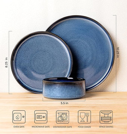 TheTerra Ceramic Dinnerware Sets for 8, 24 Pieces Porcelain Lightweight Speckled Plates and Bowls Sets, Scratch Resistant Dish Set, Oven & Microwave & Dishwasher Safe, Starry Blue