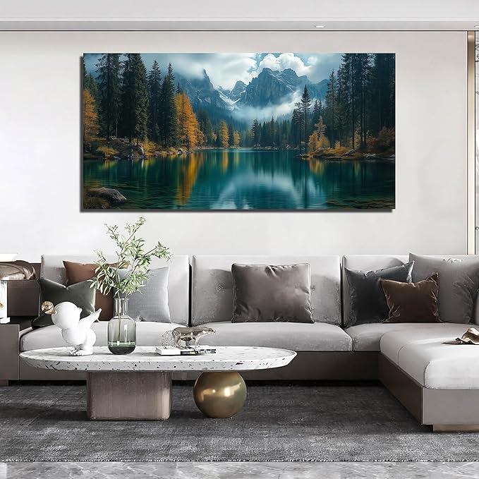 GUGIKA Landscape Wall Art for Living Room, Blue Mountain and Lake Wall-Decor for Bedroom, Modern Scenery Poster Canvas Print, Size 59 x 29 Inches
