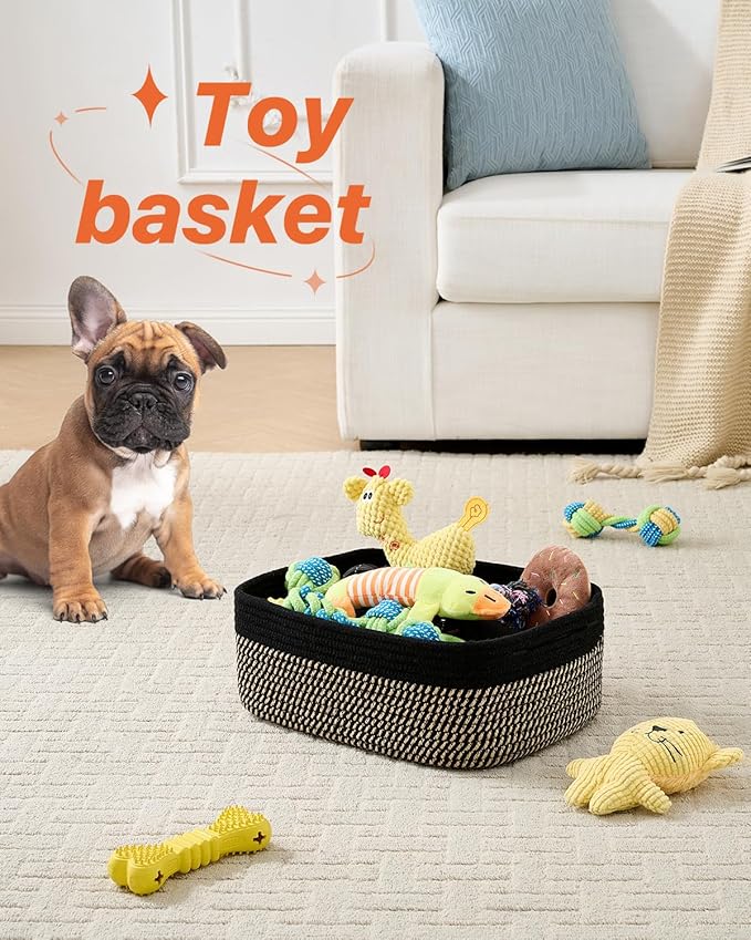 Small Woven Basket, 13.5 x 9.5 x 5 Inches, Storage Basket for Organizing, Cute Small Rope Shelf Closet Cube Storage Bins Baskets for Shelves, Dog Toy Gift Baskets Empty, 3 Pack Black & Brown