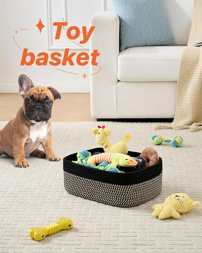 Small Woven Basket, 13.5 x 9.5 x 5 Inches, Storage Basket for Organizing, Cute Small Rope Shelf Closet Cube Storage Bins Baskets for Shelves, Dog Toy Gift Baskets Empty, 3 Pack Black & Brown
