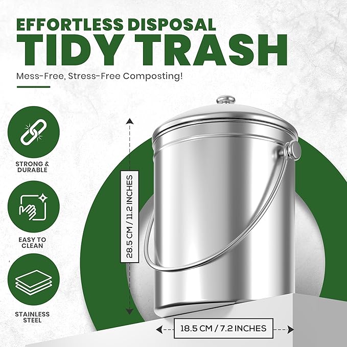 Utopia Kitchen Indoor Compost Bin Kitchen, Odorless Composting with Charcoal Filter, 1.3 Gallon Stainless Steel Large Composter for Countertop & Under Sink, Easy Cleaning, One Extra Filter - (Silver)