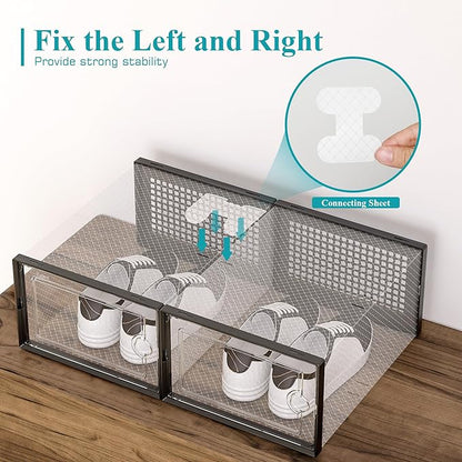 Kuject Large Shoe Organizers Storage Boxes for Closet, 12 Pack Clear Plastic Stackable Storage Bins with Lids, Under Bed Shoe Containers for Entryway, Drop Front, Fit up to Women's Size 10,Black