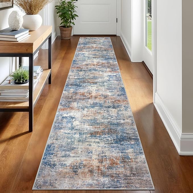 IOHOUZE Abstract Runner Rug 2x12 Ft Washable Runners for Hallways, Non Slip Kitchen Runner Printed Faux Wool Entryway Runner Indoor, Modern Abstract Floor Carpet for Hall Kitchen, Blue Rust