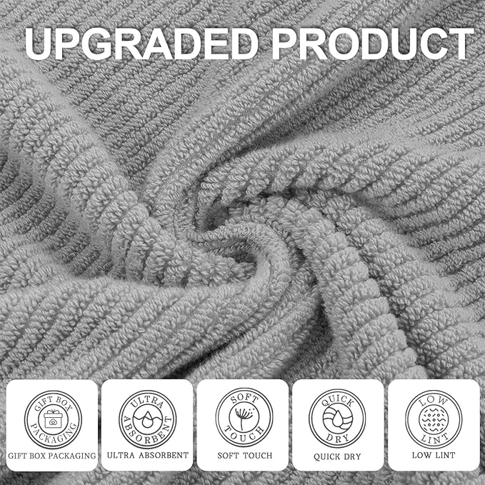 VOOVA & MOVAS Grey Bathroom Towel Sets - 100% Cotton | Lightweight | Quick Dry | Thick | Soft, 6 Piece Towel Set, 2 Large Bath 30"x56", 2 Hand 18"x28", 2 Washcloths 13"x13", Bathroom Essentials, Gray