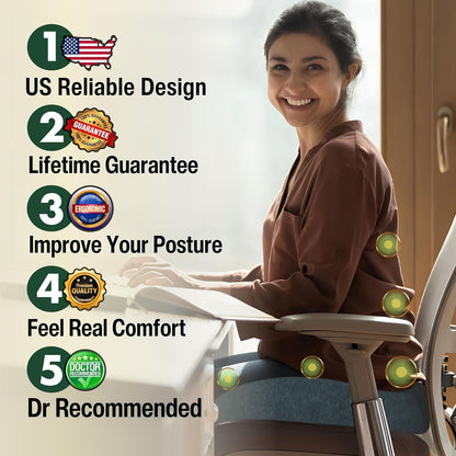 Pressure Relief Seat Cushion for Tailbone Pain – X Large Office Chair Cushion for Back Pain, Coccyx & Sciatica Pain Relief Pillow. Memory Foam Seat Cushions for Office Chairs + Extra Cover (Green)