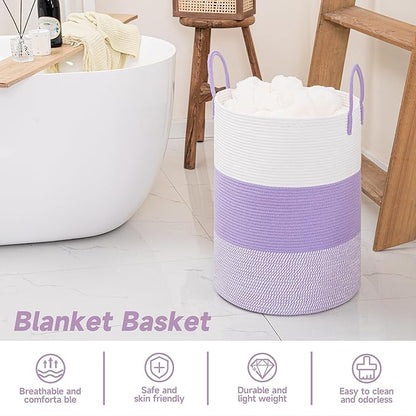 CLHMILY&Z 60L Laundry Basket Round Storage Rope Basket - 15x20.5 Inches - Lavender Hamper in Bedreoom and Cute Storage Bin for Blankets, Toys, and Nursery Essentials