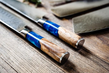 Epicurean Cook Tidal Collection 8 PCS Damascus Knife Set Japanese Kitchen Knives with VG10 Steel Core Ultra-Sharp Professional Chef Knife Set with Elegant Box and Blue Resin and Burl Wood Handles