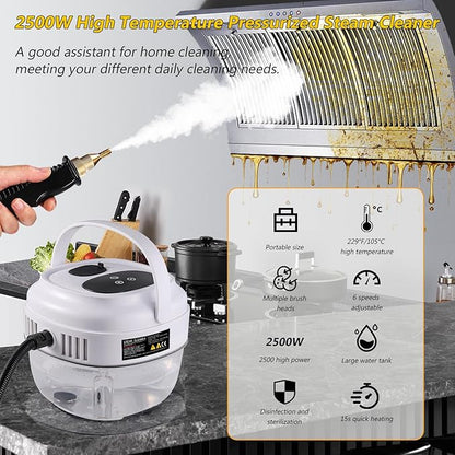 Handheld Steam Cleaner, 2500W Portable Steamer For Cleaning Car Detailing and Grout, 15s Heat-Up, 1.5L Tank Pressurized Steam Cleaner for Home Use & all Surfaces