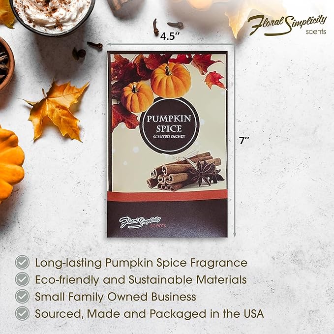 Simplicity Scents Pumpkin Spice Scented Sachets Pack of 3, Fall & Winter - Long-Lasting Scented Bags, Home Fragrance, Air Freshener & Deodorizer for Closet, Room, Drawer, or Cars, Made in USA