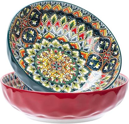 Large Serving Bowls, 75 Oz Fruit Salad Bowls Set of 2, Bohemian Style Large Porcelain Dishes for Entertaining Parties,Big Bowls for Salad, Pasta, Fruit, Chips, 10.3 Inch Diameter (green.red)