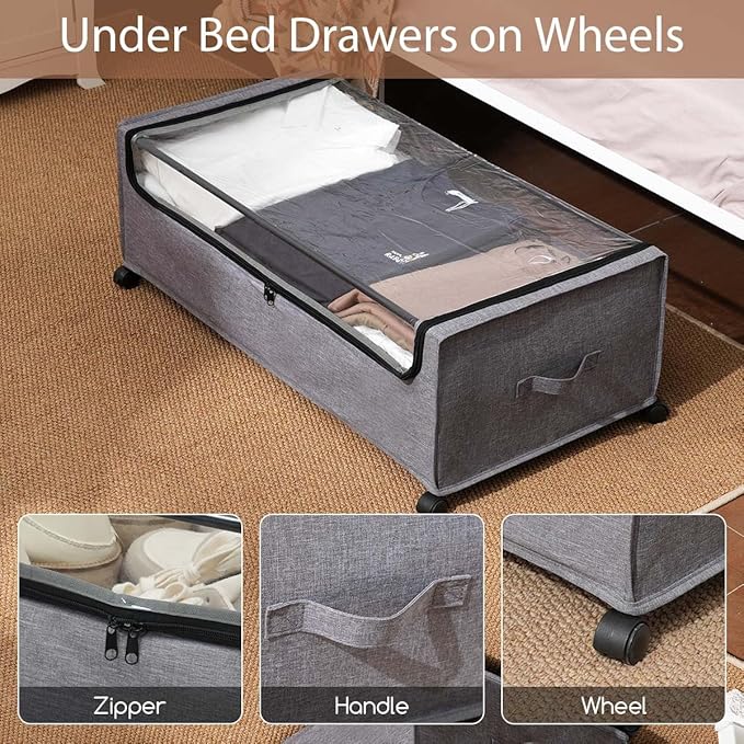 Under Bed Storage with Wheels, Under The Bed Storage Drawers On Wheels, Rolling Underbed Drawers, Lockable, Heavy Duty, XXXXL Size 90L