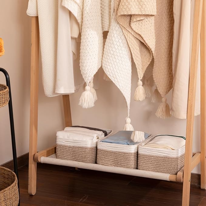 3 Pack Small Storage Baskets for Organizing, Cute Woven Decorative Gift Baskets for Shelves, Mini Closet Organizer Bins with Handles, 11.81''Lx7.87''Wx4.72''H-Brown and White