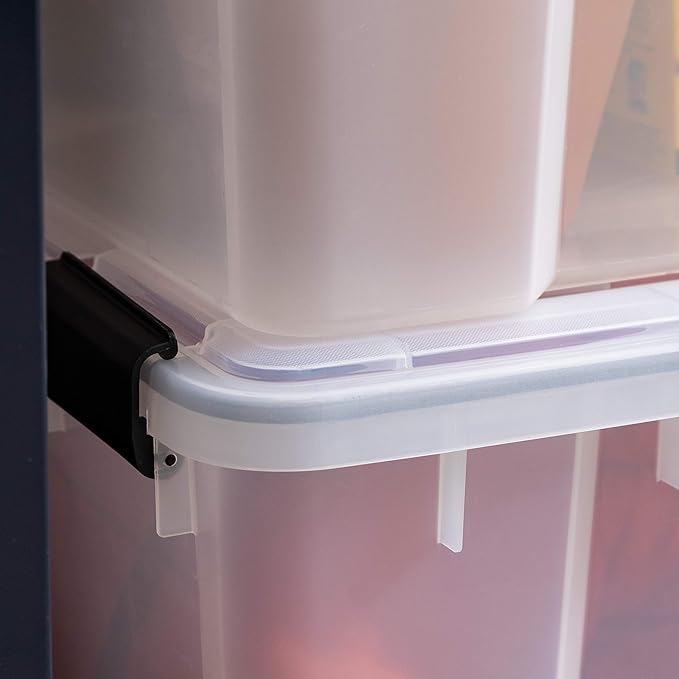 IRIS USA 4-Pack WeatherPro 74 Qt Clear Plastic Gasket Boxes with Latching Lids – Weathertight Heavy Duty Stackable Storage Containers for Clothes, Food, Tools or Camping Gear