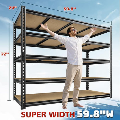 59.8"W Garage Shelving 72"H Storage Shelves 2750LBS Metal Shelving Heavy Duty Garage Shelves Adjustable 5 Tier Metal Shelf for Basement Warehouse Pantry Supermarket 59.8"W x 24"D x 72"H