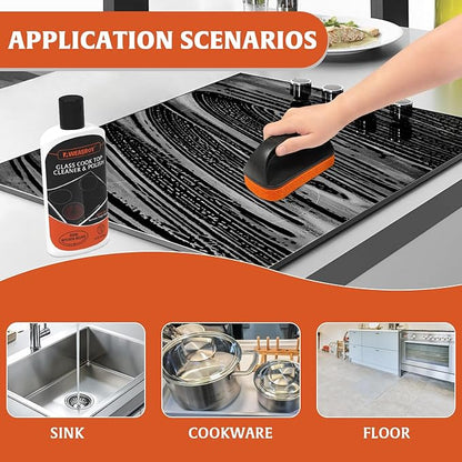 Glass Stove Top Cleaner Kit 12 oz, Cooktop Cleaner and Polish Non-Abrasive No Scratch Removes Tough Stains, with Scrubbing Pad, Handle, Scraper, Cloth