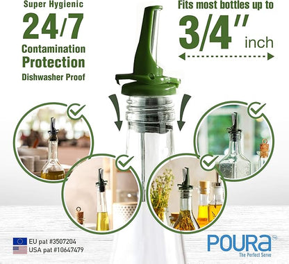 AIRTIGHT Olive Oil Pour Spout for Olive Oil Dispenser - UK Patented Oil Pourer - Hygienic One Handed Open Close Mechanism Keeps Oil Fresh. Dust Caps Cover | Screens Alternative - Green 2 PCs