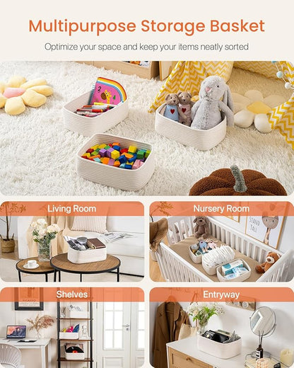 Small Woven Basket, 12 x 8 x 4.5 Inches, Storage Basket for Organizing, Cute Small Rope Shelf Closet Cube Storage Bins Baskets for Shelves, Dog Toy Gift Baskets Empty, 3 Packs, Off White