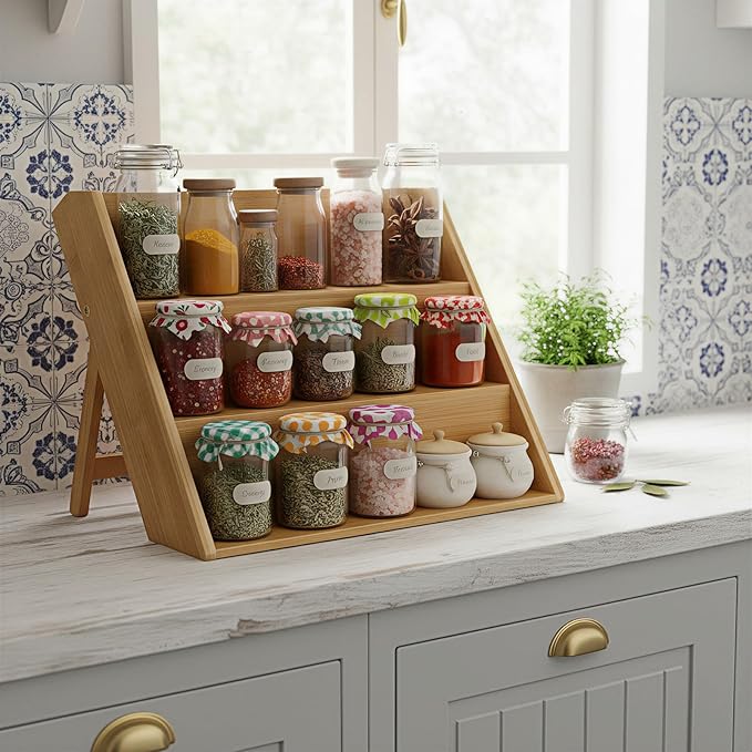 Bamboo Spice Rack Organizer for Kitchen Counter, 3 Tier Foldable Spice Shelf for Cabinet or Drawer (Jars Not Included)