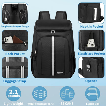 Backpack Cooler Insulated Leak Proof 35 Cans, 2 Insulated Compartments Thermal Bag, Portable Lightweight Beach Travel Camping Lunch Backpack for Men and Women, 30L, Reflective Stripes, Water-Resistant