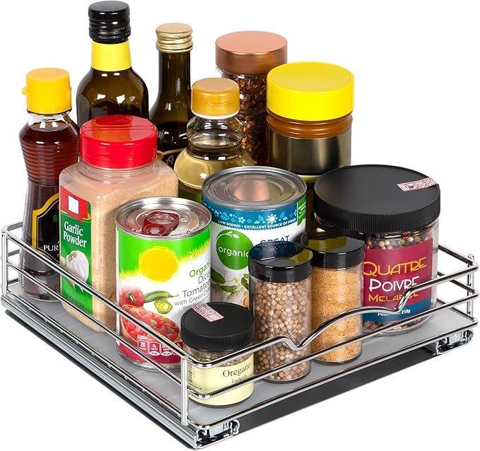 Pull Out Cabinet Organizer for Spices, Cans - Heavy Duty with Lifetime Limited Warranty- Pull Out Spice Rack- Cabinet Pull Out Shelf for Cans,Dishes, Etc, 10"W x 10"D x 2-1/8 H, Chrome