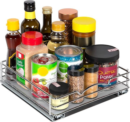 Pull Out Cabinet Organizer for Spices, Cans - Heavy Duty with Lifetime Limited Warranty- Pull Out Spice Rack- Cabinet Pull Out Shelf for Cans,Dishes, Etc, 10"W x 10"D x 2-1/8 H, Chrome