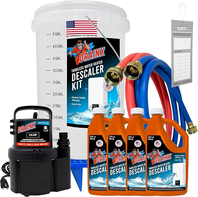 DrainX Tankless Water Heater Flush Kit Includes 4 Quarts of Eco Friendly and Powerful Liquid Descaling Solution for 4 Uses, 5 Gallon Bucket and 1/6HP Extra Strength Pump