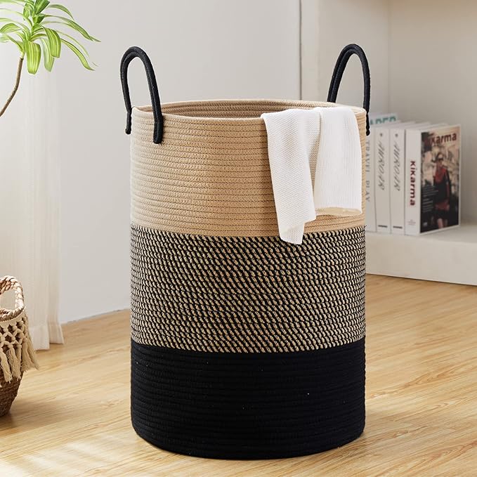 Fiona's magic 58L Large Woven Laundry Hamper, Tall Cotton Rope Laundry Basket, Boho Storage Basket for Blankets, Toys and Clothes Hamper for Bedroom and Living Room Organizing, Brown & Black