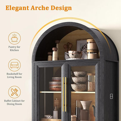 Arched Kitchen Pantry Cabinet with Glass Doors, Display Curio Case with 3 Color LED Lights for Collectibles, Modern 5-Tier Storage Hutch Cabinet for Kitchen, Dining Room, Black