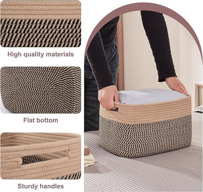 OIAHOMY 4 Pack Storage Baskets for Organizing, Basket for Shelves with Handle, Woven Baskets for Storage Toys, Towels, Books, Cotton Rope Basket 13" L x 9 " W x 7.8 " H, Brown & Black