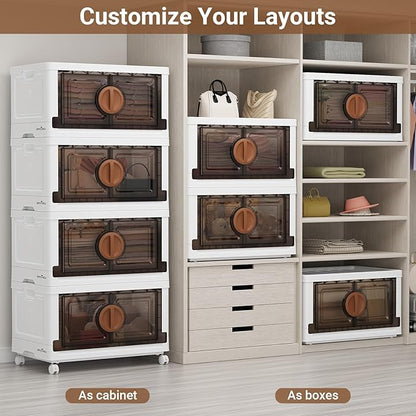 BROVIEW 480Qt Lockable Stackable Storage Bins with Lids, Closet Organizers and Storage Drawer, Collapsible Storage Bin with Wheels, Plastic Cabinet for Toy Clothes Dorm Organizer, V9 4 Pack Brown