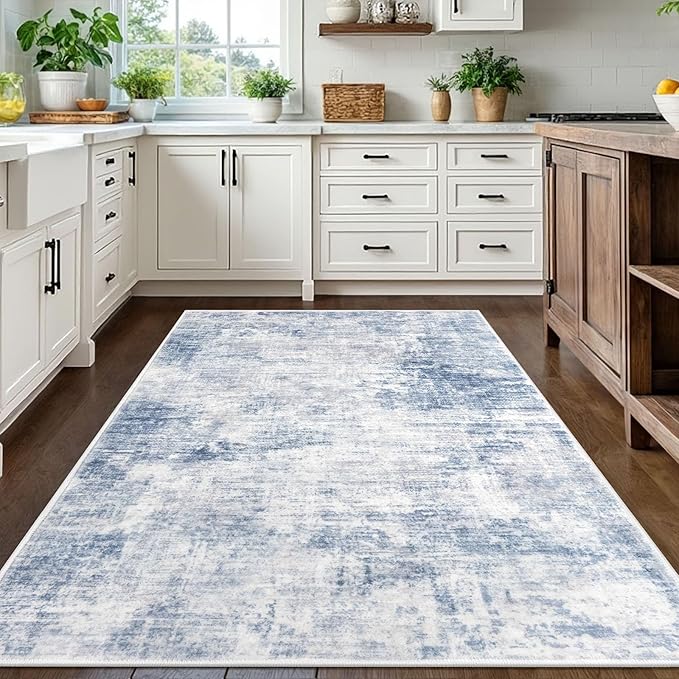 IOHOUZE Abstract Area Rugs 5x7 Ft Washable Rugs for Living Room, Non Slip Dining Room Rug, Printed Faux Wool Rugs for Bedroom, Floor Carpet for Office Nursery Playroom, Light Blue White