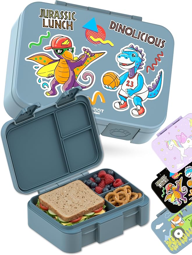 BEARFOOT Kids Lunch Box with Compartments – Compact & Lightweight | Leak-Proof, BPA-Free, Dishwasher & Microwave Safe | Hand-Drawn Design for Preschool, School, Travel (Dinos Blue, 2.75 Cups)
