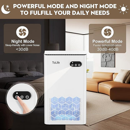 ToLife Dehumidifier for Home, 1000 sq.ft Dehumidifiers for Basement Bedroom Bathroom with 95 OZ Water Tank, Auto Shut Off 7 Colors LED Light, White Black